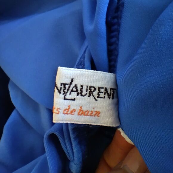 Yves Saint Laurent Blue One Piece Swimsuit Ruched Cross Front Halter 14 Luxury - Picture 4 of 5